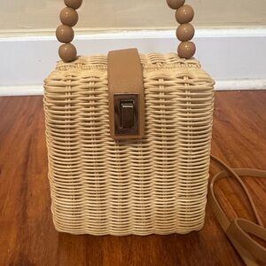 Tan Mini Bag with Beaded Handle and Woven Design